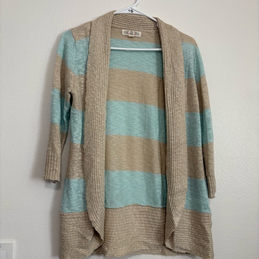 Pink rose, teal and cream striped 3/4 sleeve open front cardigan size large